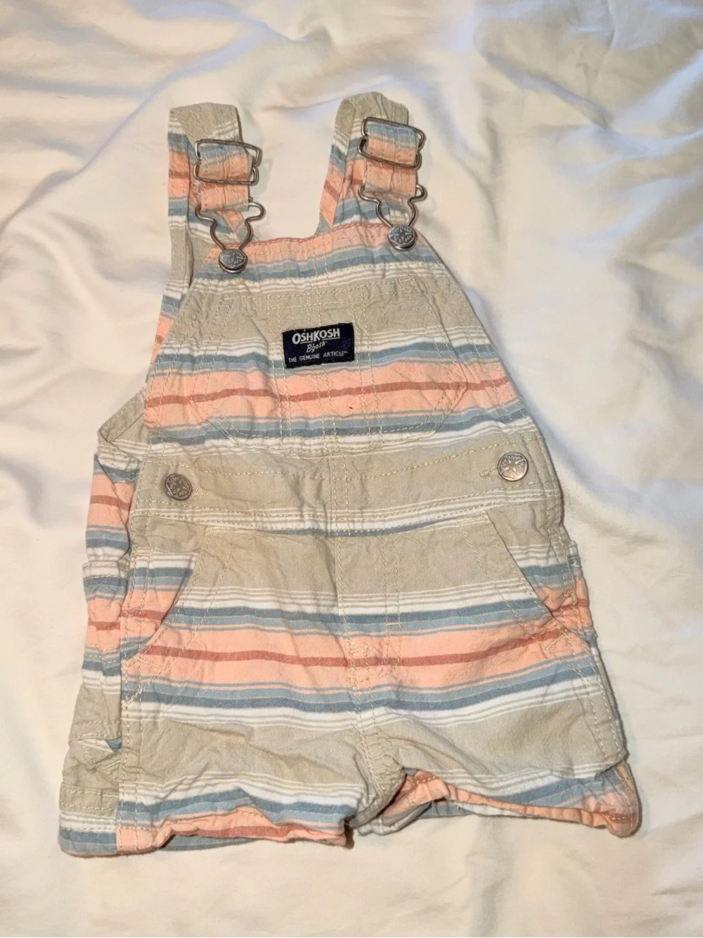 OshKosh B'gosh Cream Overalls with Pink & Blue Stripes